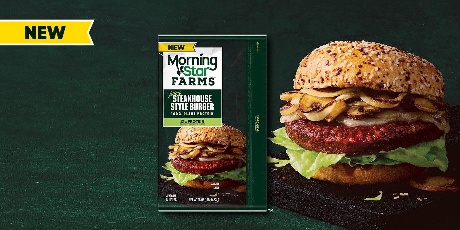 A Morningstar Farms Steakhouse Style Burger package next to a Burger on a plate and a banner that says new.