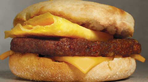 A Morningstar Farms Veggie Original Sausage Patty in a breakfast sandwich.