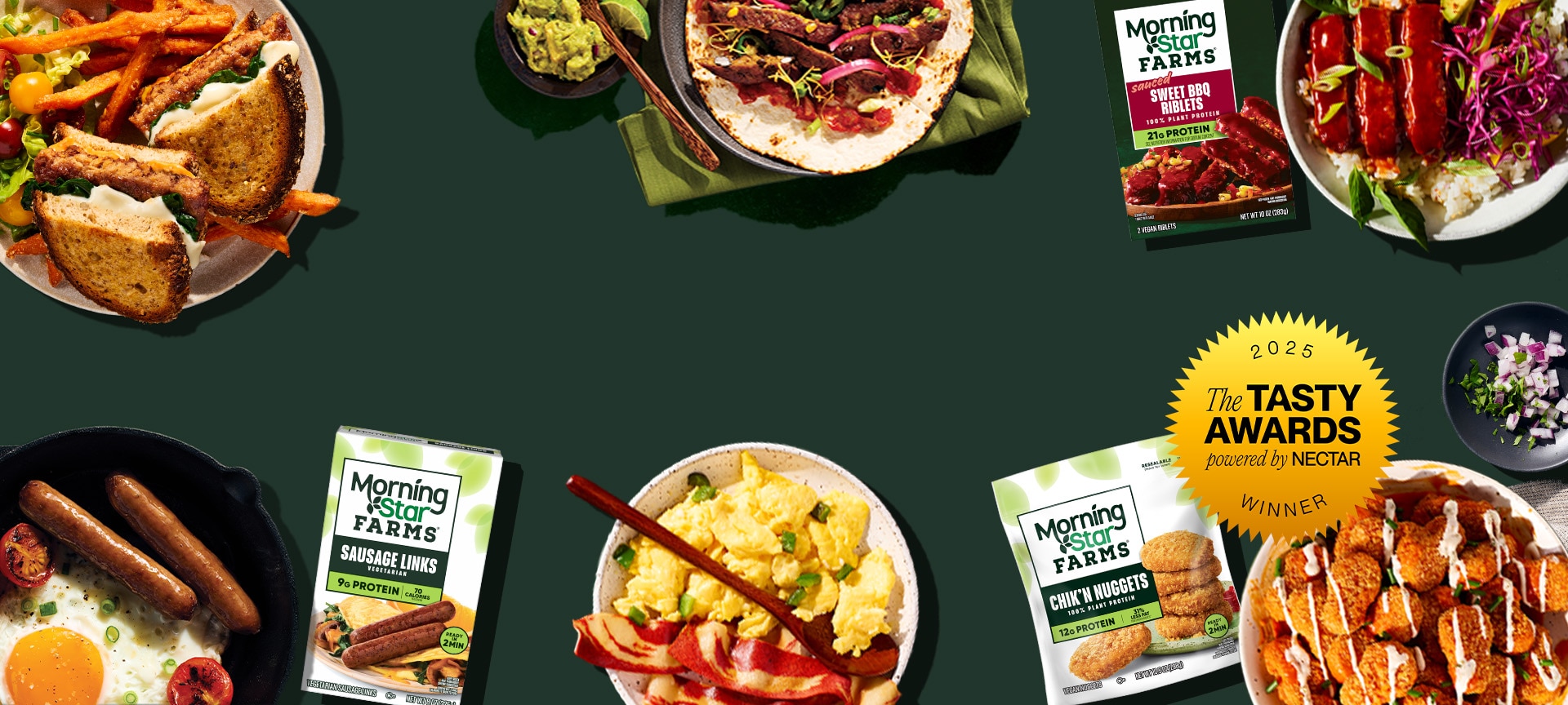 Various MorningStar Farms products on plates with their packaging.